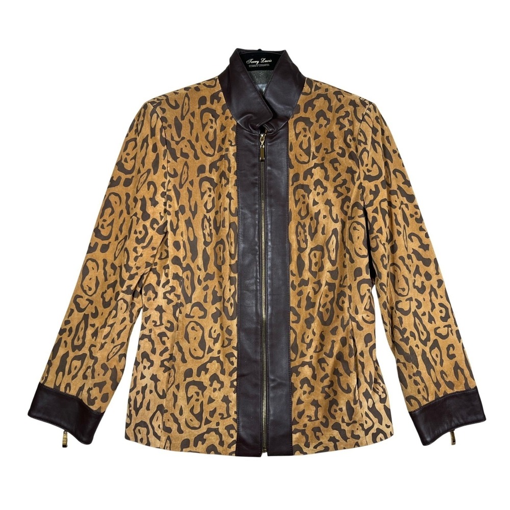 Terry Lewis Leather Suede Jacket Animal Print Gold Zip Up S MOTO Glam‎ Retro